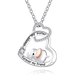 Heart Sister Elephant Necklace Sterling Silver Cubic Zirconia Engraved Always My Sister Forever My Friend 18 Inch Rolo Chain Plus Pendant Charm Love Jewelry Gifts For Women Girls Best Friend