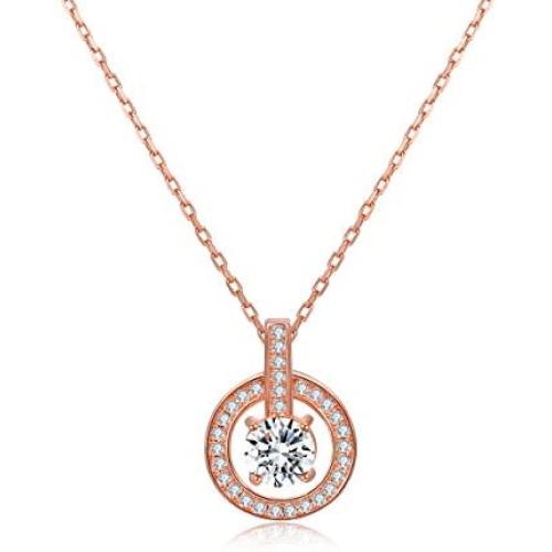 Round Cut CZ Halo Gemstone Pendant Necklace 14K Rose Gold Plated - Cubic Zirconia Halo Cluster Necklace w/Solitaire - Wedding Anniversary Jewelry