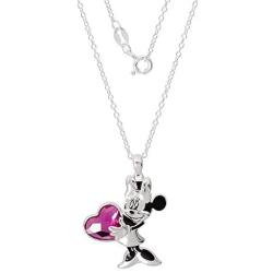 Disney Jewelry for Women and Girls, Sterling Silver Mickey or Minnie Mouse Holding a Crystal Heart on 18'' Necklace