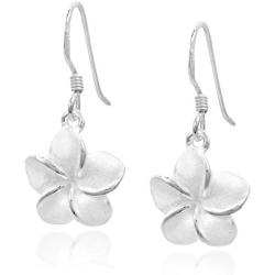 Tropical Satin Shine Hawaiian Plumeria Flower .925 Sterling Silver Dangle Earrings