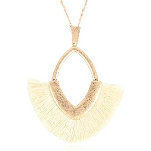 RIAH FASHION Bohemian Fringe Tassel Pendant Statement Necklace - Silky Strand Semi Circle Thread Leaf Marquise Fan Charm Long Chain
