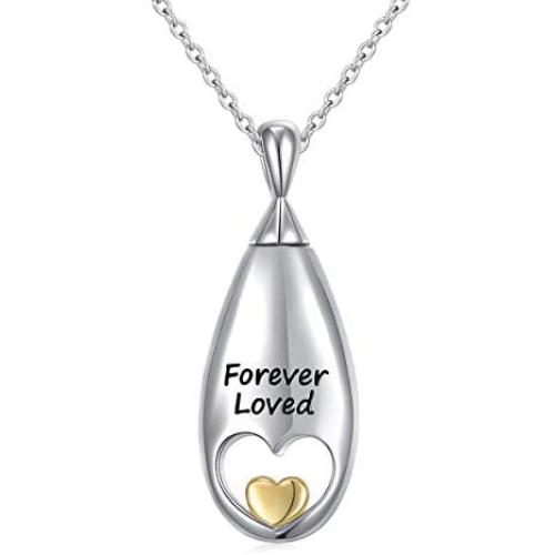 YinShan Cremation Jewelry 925 Sterling Silver Drops and Heart Memorial Urn Ashes Keepsake Cylinder Necklace Pendant Engraved Forever Loved