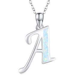 Initial Necklace, 925 Sterling Silver Monogram Letter Pendant with Created Opal, A-Z Alphabet Necklace, Initial Jewelry Gifts for Women Girlfriend Daughter