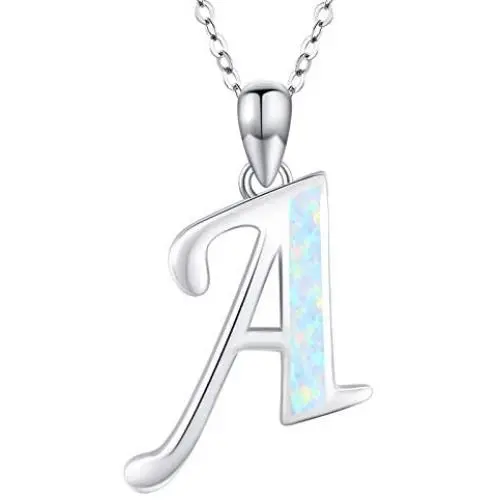 Initial Necklace, 925 Sterling Silver Monogram Letter Pendant with Created Opal, A-Z Alphabet Necklace, Initial Jewelry Gifts for Women Girlfriend Daughter