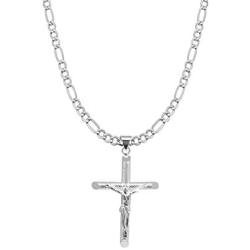 Verona Jewelers Mens and Womens 24'' Sterling Silver 3MM Figaro Chain Necklace Traditional Cross Pendant, Cross Necklace for Men, 925 Cross Necklace, 24 Inch Pendant Necklace