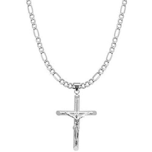 Verona Jewelers Mens and Womens 24'' Sterling Silver 3MM Figaro Chain Necklace Traditional Cross Pendant, Cross Necklace for Men, 925 Cross Necklace, 24 Inch Pendant Necklace