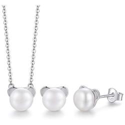 CDE s925 Sterling Silver Pearl Necklace and Earring for Girls Tiny Cute Bear Freshwater Cultured Pearl Pendant 16''+2'' Stud Earrings Set for Birthday Jewelry Gifts for Child with Box
