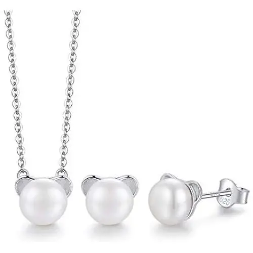 CDE s925 Sterling Silver Pearl Necklace and Earring for Girls Tiny Cute Bear Freshwater Cultured Pearl Pendant 16''+2'' Stud Earrings Set for Birthday Jewelry Gifts for Child with Box