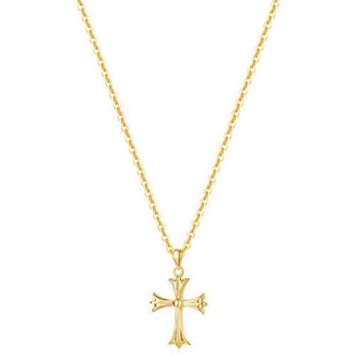 Carleen SOLID REAL 14K Yellow Gold SMALL TINY Little Cute Embossed Cross Crucifix Delicate Necklace Dainty Pendant Fine Jewelry For Women Girls, With 18'' Solid Gold Cable Chain