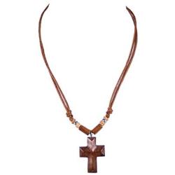 BlueRica Wood Cross Pendant on Adjustable Corded Necklace with Wood Beads