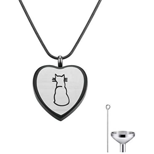 Cat Eye Jewels Stainless Steel Black Paw Print Pendant Pet Cremation Keepsake Ash Holder Memorial Urn Necklace for Ashes with Funnel Kit