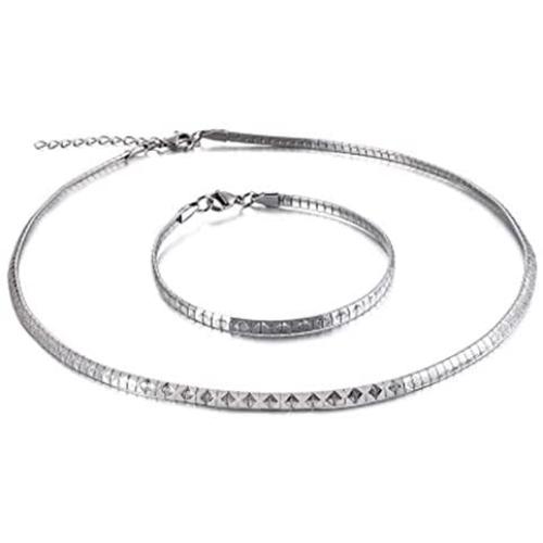 N/Q Punk Stainless Steel Snake Chain Link Bracelet Choker Necklace for Women Mens Girls Boys Silver Plated Rock Hip Hop Unisex Jewelry Set