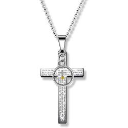 Uloveido Mens Stainless Steel Lords Prayer Bible Verse Engraved Cross Pendant Necklace with Round Mustard Seed