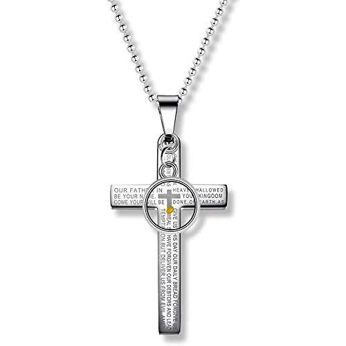 Uloveido Mens Stainless Steel Lords Prayer Bible Verse Engraved Cross Pendant Necklace with Round Mustard Seed