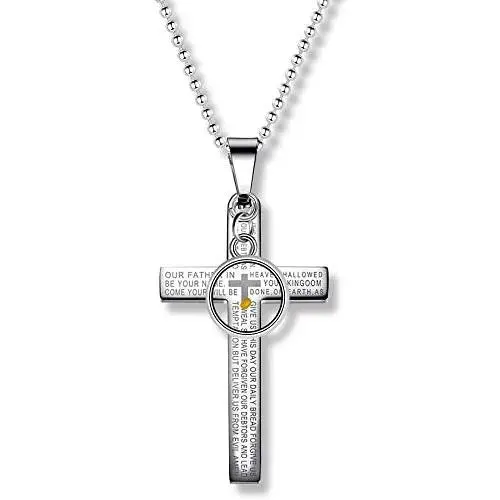 Uloveido Mens Stainless Steel Lords Prayer Bible Verse Engraved Cross Pendant Necklace with Round Mustard Seed Uloveido Mens Stainless Steel Lords Prayer Bible Verse Engraved Cross Pendant Necklace with Round Mustard Seed