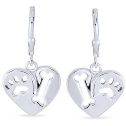 I Love My Dog Heart Shape Cut Out Puppy Pet Bone Animal Lover Paw Print Drop Leverback Earrings For Women 925 Sterling Silver