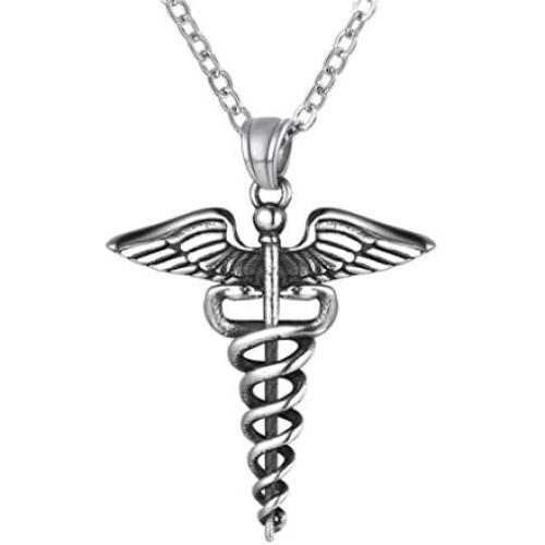 Bandmax Engraved Men Women Stainless Steel Medical Symbol Alert Pendant Necklace Life Tree/Heart/Dog Tag/Snake Caduceus Silicon Customized Personalized EMC Message Jewelry 22Inch Gold/Black,