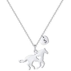 Girls Horse Necklace, Dainty Horse Jewelry for Girls Initial Necklace, Stainless Steel Kids Heart Initial Necklace Horse Girl Horse Pendant Letter Necklace Horse Gifts for Teen Girls Horse Lovers