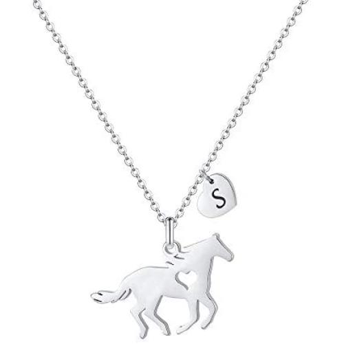 Girls Horse Necklace, Dainty Horse Jewelry for Girls Initial Necklace, Stainless Steel Kids Heart Initial Necklace Horse Girl Horse Pendant Letter Necklace Horse Gifts for Teen Girls Horse Lovers