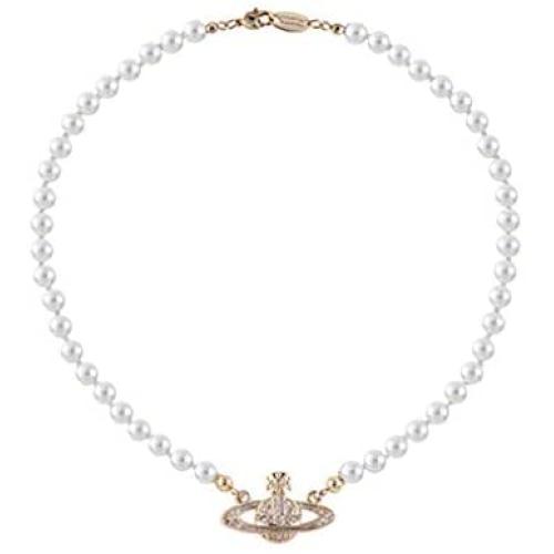 Qikafan White Pearl Bead Necklaces Crystal Rhinestone Saturn Planet Necklace for Women and Girls