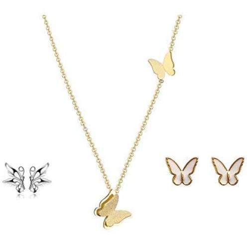BQfife Butterfly Necklace for Women Originality Dainty Pendant Necklace Earrings Jewelry Set Gifts for Girls