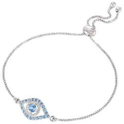 ATELIER PINKCITY Evil Eye Genuine Blue Topaz 925 Sterling Silver Bracelet Rhodium Plated Box Chain Adjustable Slider Bolo Style Jewelry Bracelet For Women