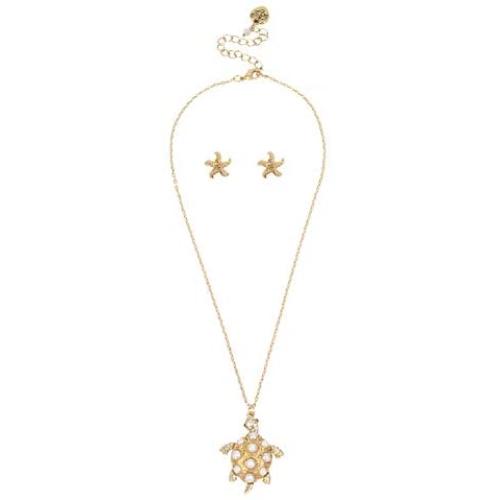 Betsey Johnson Turtle Pendant Necklace & Starfish Stud Earrings Set