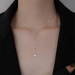 Crystal Star Lariat Y Pendant Necklace for Women Girls 925 Sterling Silver Fashion Dainty CZ Lucky Stars Drop Choker Hypoallergenic Jewelry Christmas Valentine Holiday Gift