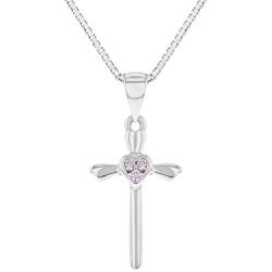 925 Sterling Silver Heart Pink CZ Cross Pendant Necklace Girls Childrens 16''