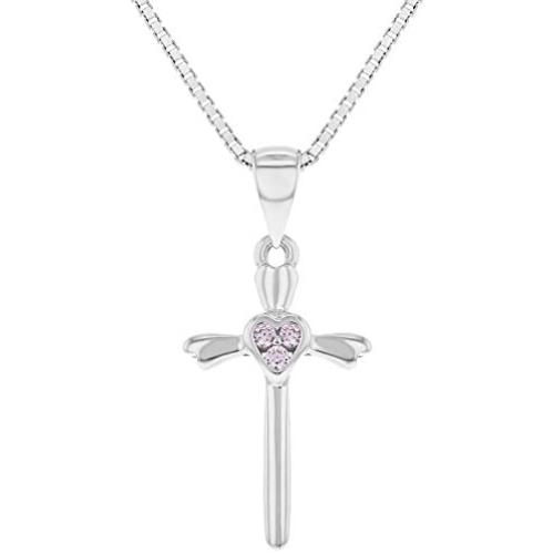925 Sterling Silver Heart Pink CZ Cross Pendant Necklace Girls Childrens 16''