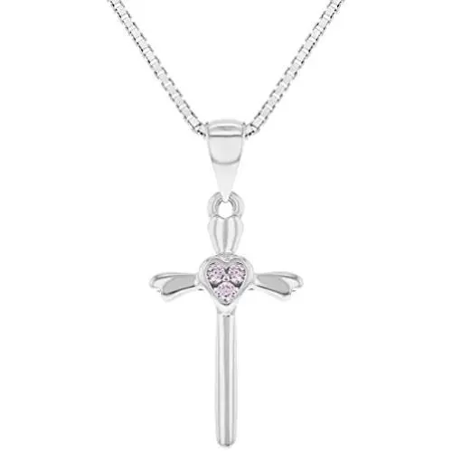 925 Sterling Silver Heart Pink CZ Cross Pendant Necklace Girls Childrens 16''