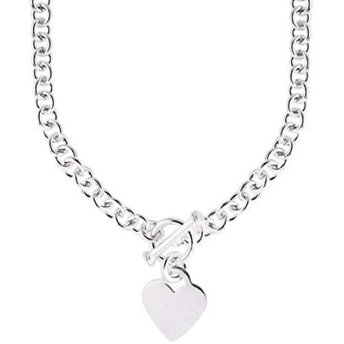 JewelryWeb Italian 925 Sterling Silver Heart Tag Disc Fancy Toggle Necklace - 18 Inch