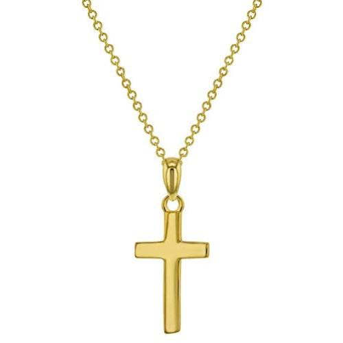 925 Sterling Silver High Polish Plain Cross Pendant Necklace Unisex Children 17''