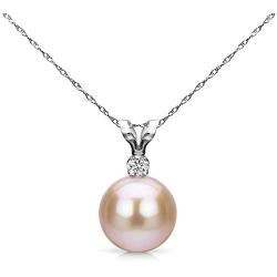 Pink Cultured Freshwater Pearl Diamond Pendant Diamond Necklace 14K Gold 7-7.5mm (G-H, SI1-SI2) - Choice of Gold Color