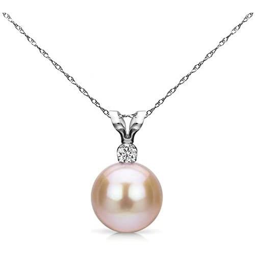 Pink Cultured Freshwater Pearl Diamond Pendant Diamond Necklace 14K Gold 7-7.5mm (G-H, SI1-SI2) - Choice of Gold Color