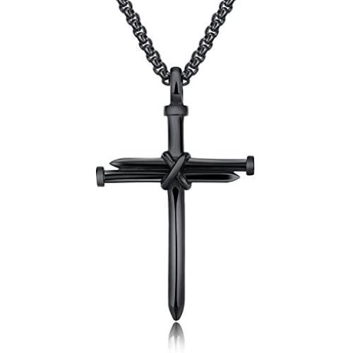 Lary Jewelry Nail Cross Stainless Steel Pendants Christian Necklace 23'' Rolo Chain, 3 Colors
