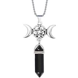 Triple Moon Goddess Charm Quartz Hexagonal Pointed Pendant Necklace Gemstone Reiki Chakra Pentagram Divination Energy Healing Wicca Amulet Protection Jewelry 24'' Steel Chain Necklaces