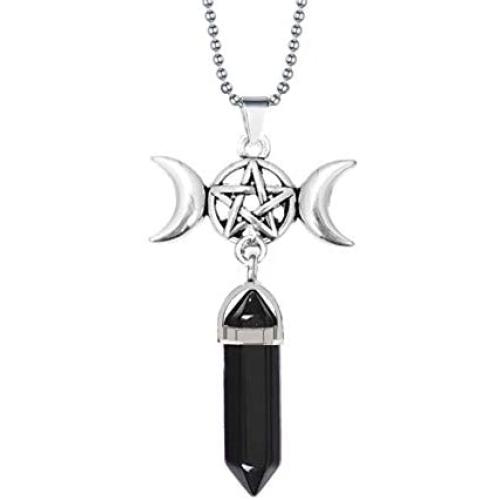 Triple Moon Goddess Charm Quartz Hexagonal Pointed Pendant Necklace Gemstone Reiki Chakra Pentagram Divination Energy Healing Wicca Amulet Protection Jewelry 24'' Steel Chain Necklaces