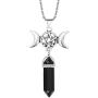 Triple Moon Goddess Charm Quartz Hexagonal Pointed Pendant Necklace Gemstone Reiki Chakra Pentagram Divination Energy Healing Wicca Amulet Protection Jewelry 24'' Steel Chain Necklaces