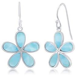 Nature Daisy Flower Caribbean Natural Larimar Gemstone Sterling Silver Dangling Earrings Jewelry for Women or Teens