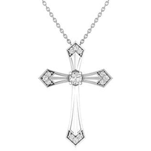 1/4 Carat Diamond Cross Pendant Necklace for Women in 14k White or Yellow Gold (H-I, SI2-I1, cttw) with 18 Inch Silver Chain and Lobster Claw by Privosa Fine Jewelry