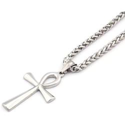 GUNGNEER Silvertone Ankh Cross Necklace Symbol of Protection Pendant Key of Life Jewelry Stainless Steel Keel Chain