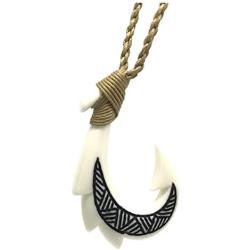 Hawaiian Jewelry Hand Carved Tattoo Fish Hook White Buffalo Bone Hawaii Necklace