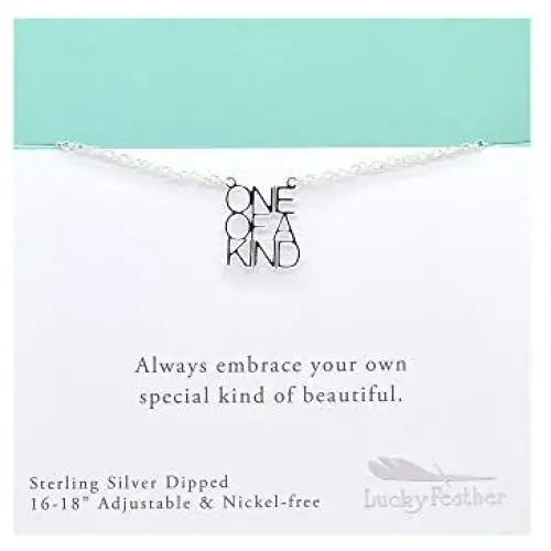 Lucky Feather Inspirational ''One of a Kind'' Inspirational Strength Necklace for Girls - Sterling Silver Dipped with Adjustable 16” – 18” Chain - Ideal Gift for Friends
