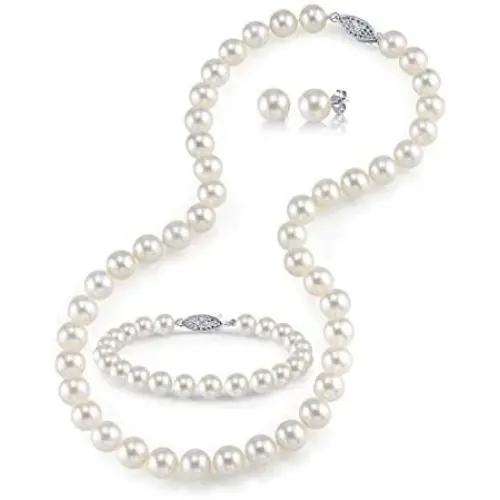 7-8mm Freshwater Cultured Pearl Set for Women Includes Necklace, Bracelet, and Earrings with 14K Gold - THE PEARL SOURCE 7-8mm Freshwater Cultured Pearl Set for Women Includes Necklace, Bracelet, and Earrings with 14K Gold - THE PEARL SOURCE