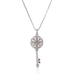 Jewelili Sterling Silver Diamond Key Pendant Necklace 1/10 CTTW, 18 Inches Rolo chain