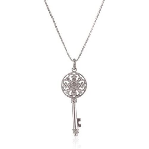Jewelili Sterling Silver Diamond Key Pendant Necklace 1/10 CTTW, 18 Inches Rolo chain
