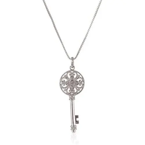 Jewelili Sterling Silver Diamond Key Pendant Necklace 1/10 CTTW, 18 Inches Rolo chain Jewelili Sterling Silver Diamond Key Pendant Necklace 1/10 CTTW, 18 Inches Rolo chain