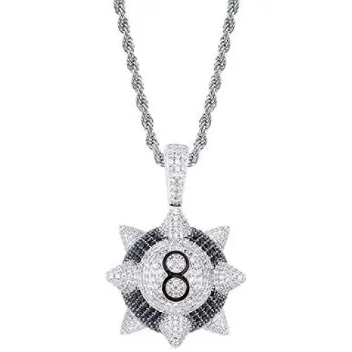 Moca Jewelry Iced Out Meteor Hammer Black 8 Pendant Necklace 18K Gold Plated Bling CZ Simulated Diamond Hip Hop Rapper Chain Necklace for Men Women
