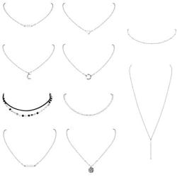 Finrezio 10 PCS Choker Necklace for Women Girls Dainty Gold Silver Plated Chain Heart Pearl Bar Bead Necklaces Set
